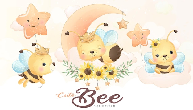 Free vector cute little bee with watercolor illustration set