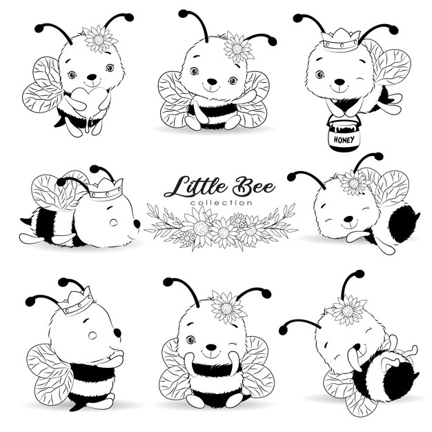 Симпатичные маленькие пчелы позы с коллекцией набросков