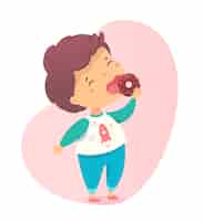 Бесплатное векторное изображение Милый маленький мальчик ест сладкий пончик с шоколадной глазурью, сахарным кремом, молодой голодный ребенок наслаждается вкусным десертом.