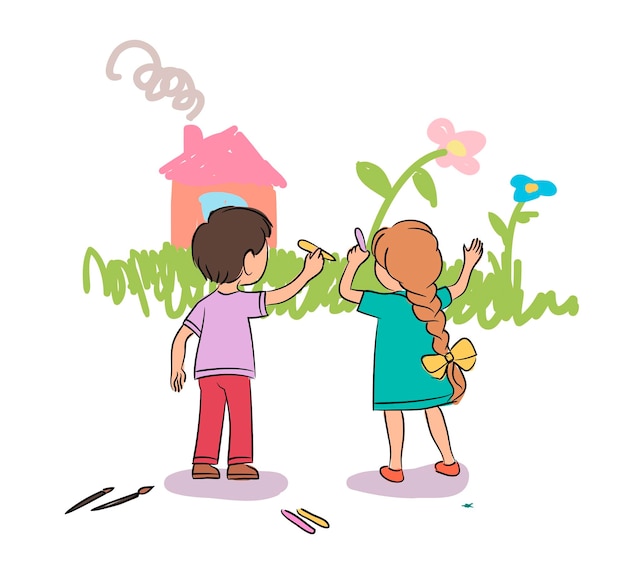 Free Vector cute little boy and girl painting wall with chalk kids drawing grass flower house playground kindergarten street recreation creative hobby and education for children