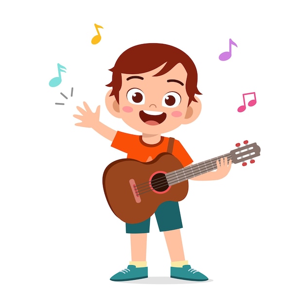 かわいい男の子がコンサートのイラストでギターを弾く プレミアムベクター
