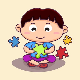 Симпатичный маленький мальчик, играющий в головоломку сиди, играя, держа красочную головоломку вектор мультфильма