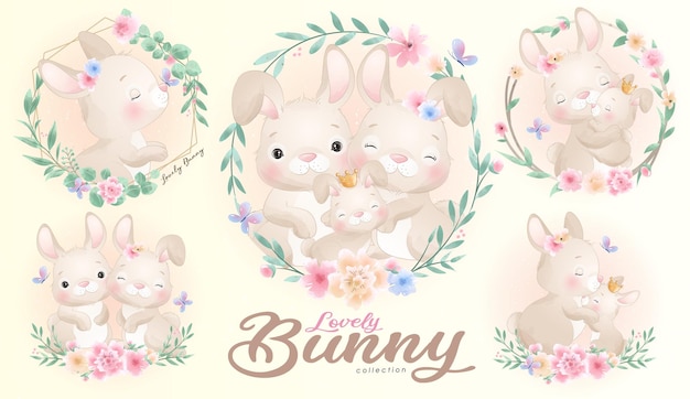 Cute little bunny with watercolor illustration set