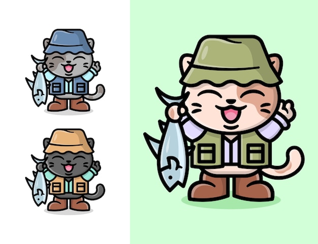 釣りの服を着て 大きな魚の漫画のイラストを持ってかわいい小さな猫 プレミアムベクター