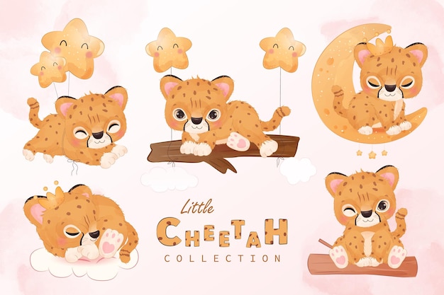 水彩イラストのかわいいチータークリップアートコレクション プレミアムベクター
