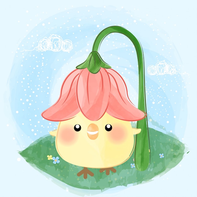 かわいい小さなひよこと花の帽子 プレミアムベクター