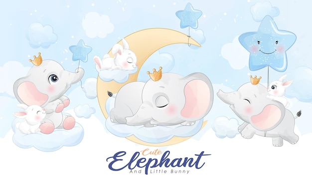 Free vector cute little elephant and bunny with watercolor illustration set