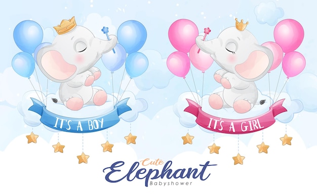 Cute little elephant flying with balloon watercolor illustration