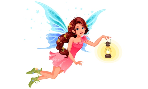 Бесплатное векторное изображение Милая маленькая фея с красивой длинной плетеной прической держит фонарь