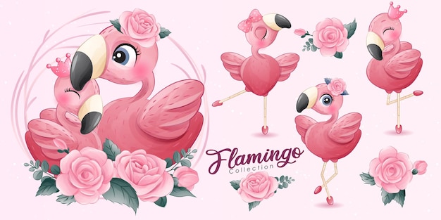 Free vector cute little flamingo with ballerina collection