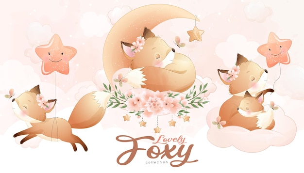 Free vector cute little fox with watercolor illustration set