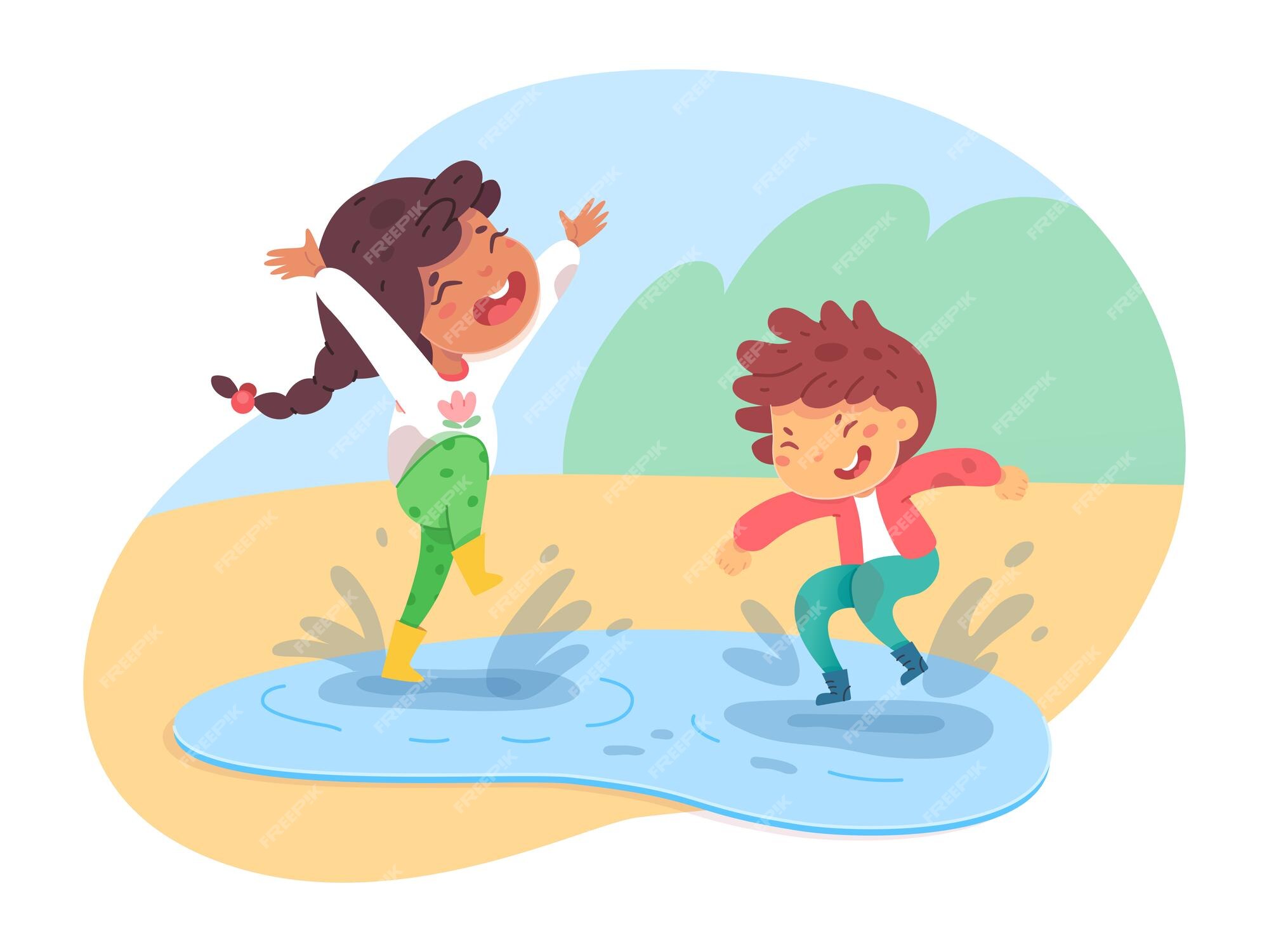 Funny children jump in puddle a flat cartoon Vector Image