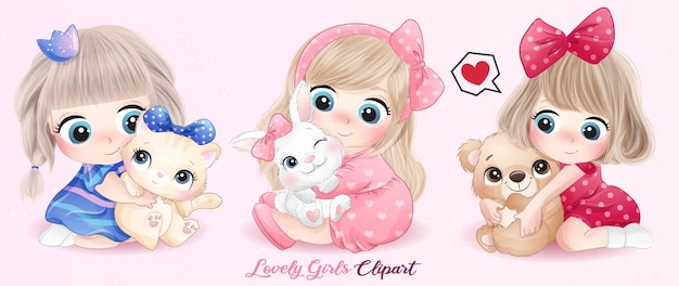 Free vector cute little girl hugging animals with watercolor illustration