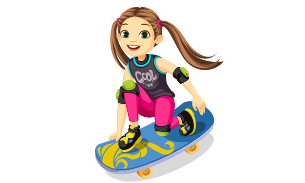 Милая маленькая девочка на скейтборде делает крутые трюки