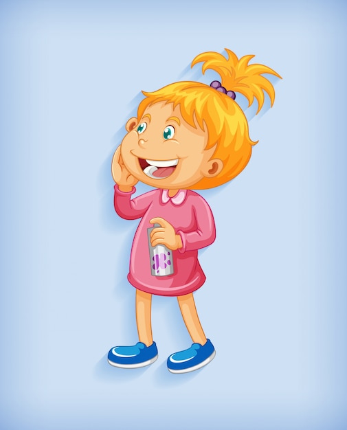 Cute little girl smiling in standing position cartoon character isolated on blue background