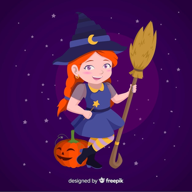 Бесплатное векторное изображение Милая маленькая ведьма девочка с тыквой