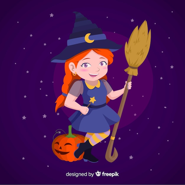 Free vector cute little girl witch with a pumpkin