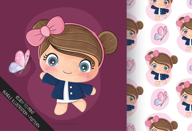 Free vector cute little girl with butterfly illustration illustration of background