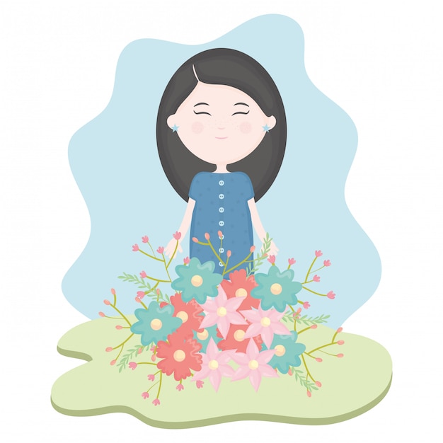 Free vector cute little girl with floral bouquet in the field