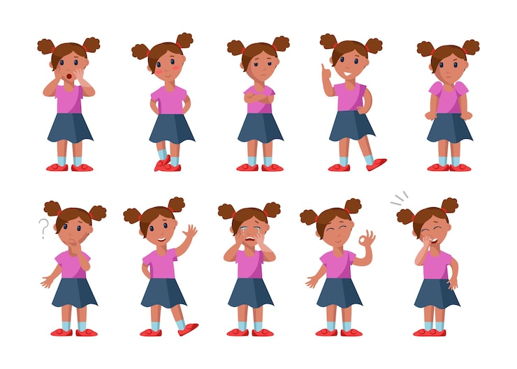  Cute little girls face emotions and expressions cartoon vector illustration set. kid character stan