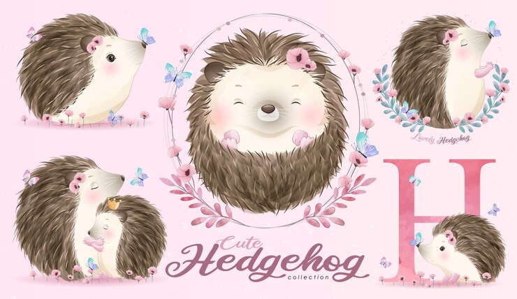 Free Vector cute little hedgehog with watercolor illustration set