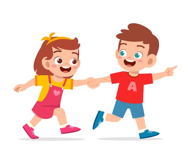 Premium Vector Cute Little Kid Boy And Girl Holding Hand And Walking Together