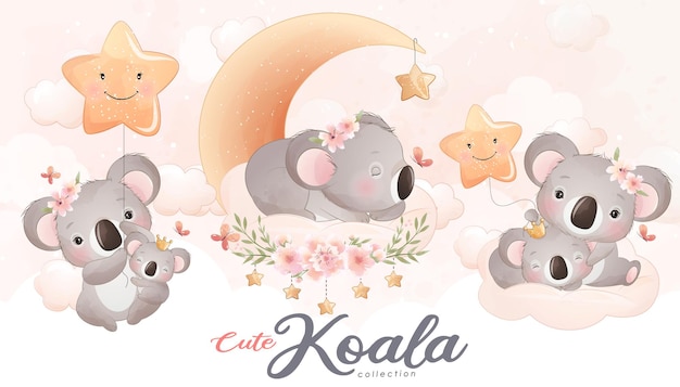 Милая маленькая коала с набором акварельных иллюстраций