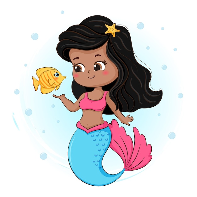 かわいい人魚と魚のイラスト プレミアムベクター