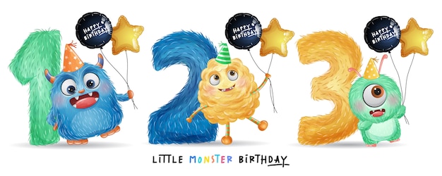 Cute little monster birthday with watercolor illustration Premium Vector