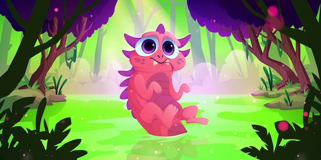 Cute little monster in green swamp in forest Vector cartoon fantastic illustration of magic woods landscape with lake and fantasy pink alien animal with forked tongue and big eyes