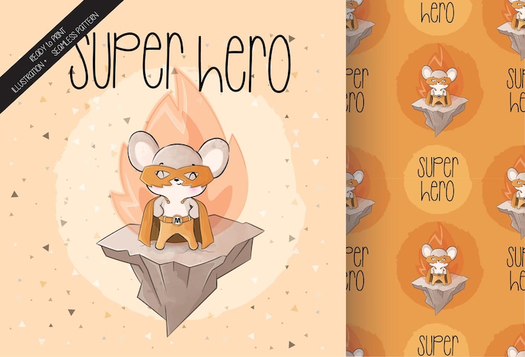 Free Vector cute little mouse hero character with seamless pattern