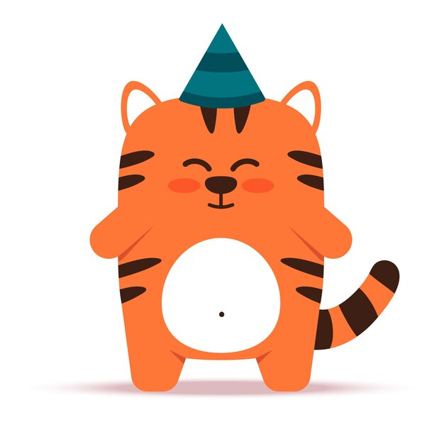 Cute little orange tiger cat in a flat style. animal in a cap. happy birthday and holiday greetings. for banner, nursery, decor. vector hand drawn illustration.