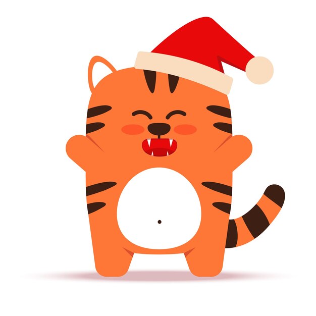 Cute little orange tiger cat in a flat style. the symbol of the chinese new year 2022. animal with a christmas cap. the joyful tiger is standing. for banner, nursery decor. vector illustration. Premium Vector