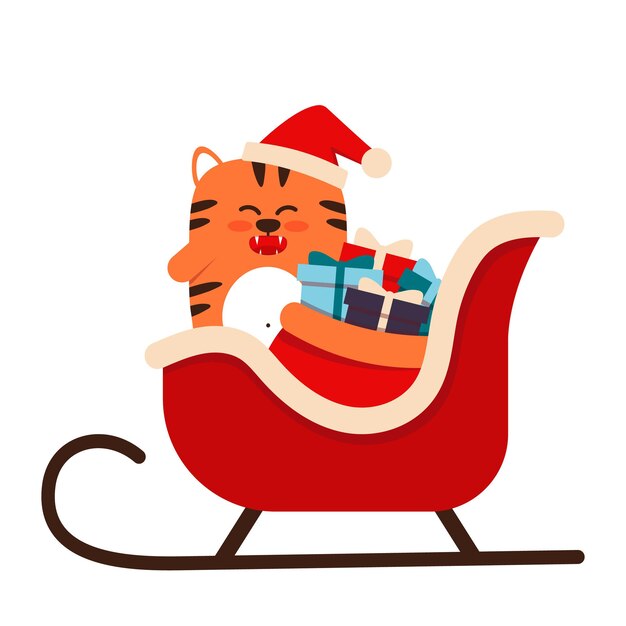 Cute little orange tiger cat in a flat style. the symbol of the chinese new year 2022. an animal with a christmas cap with gifts in a sleigh. for banner, nursery decor. vector illustration.