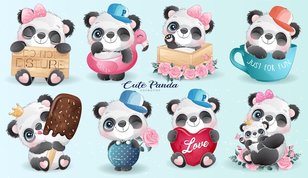 Free vector cute little panda life with watercolor illustration set