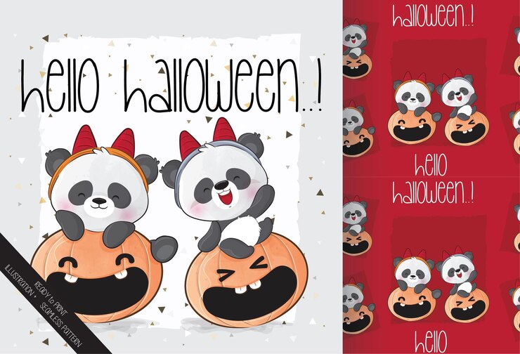 Free Vector cute little panda with pumpkin happy halloween with seamless pattern