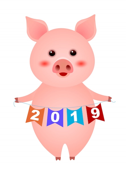 Free vector cute little pig holding new year garland illustration