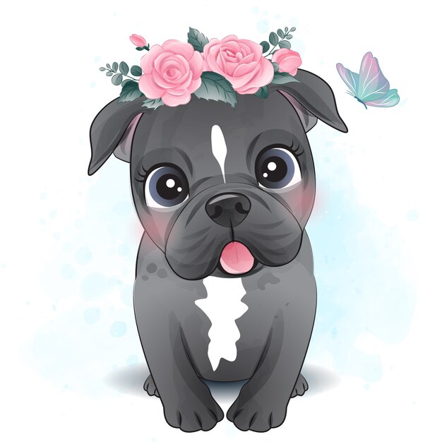 花のイラストがかわいいキャバリアキングチャールズ プレミアムベクター