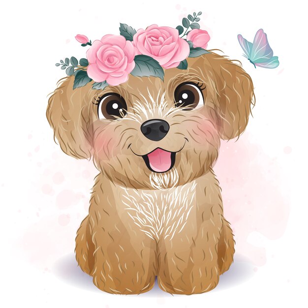 花のイラストがかわいいキャバリアキングチャールズ プレミアムベクター