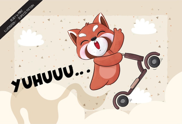 Cute little red panda happy jumping with scooter illustration illustration and pattern set