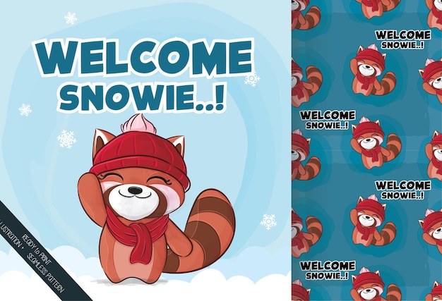 Cute little red panda happy on the snow illustration illustration and pattern set