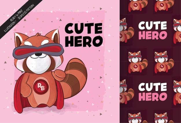 Cute little Red Panda happy super hero illustration Illustration and pattern set