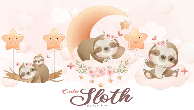 Cute little sloth with watercolor illustration set