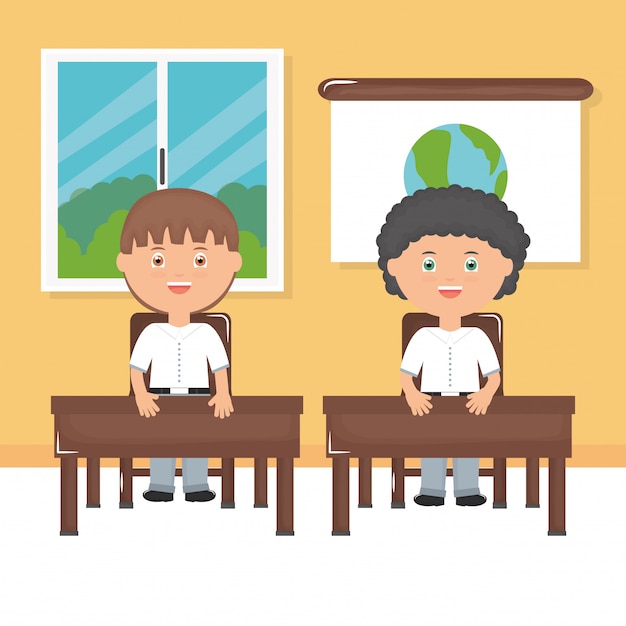 Free vector cute little student boys in the classroom