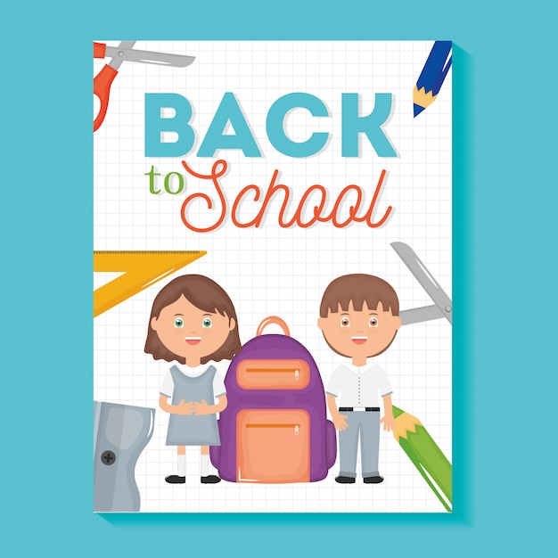 Free vector cute little students with supplies. back to school