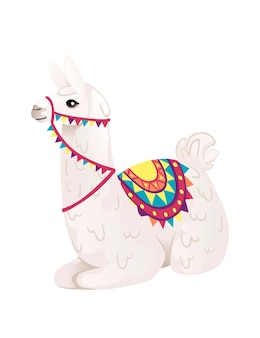 흰색 배경 측면 보기에 격리된 패턴 만화 동물 디자인 평면 벡터 삽화가 있는 장식용 안장을 입고 바닥에 앉아 있는 귀여운 라마.