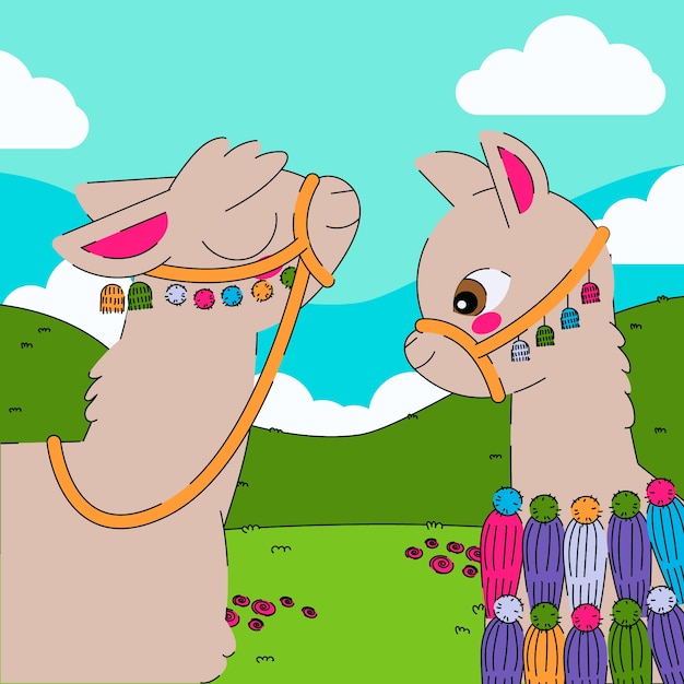 Free vector cute llamas on meadow illustration