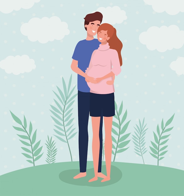 Cute lovers couple pregnancy characters in the landscape