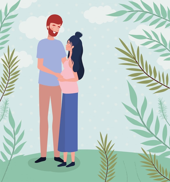 Free vector cute lovers couple pregnancy characters in the landscape