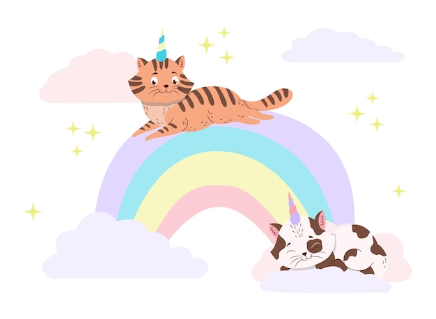 Милые волшебные кошки с концепцией рога